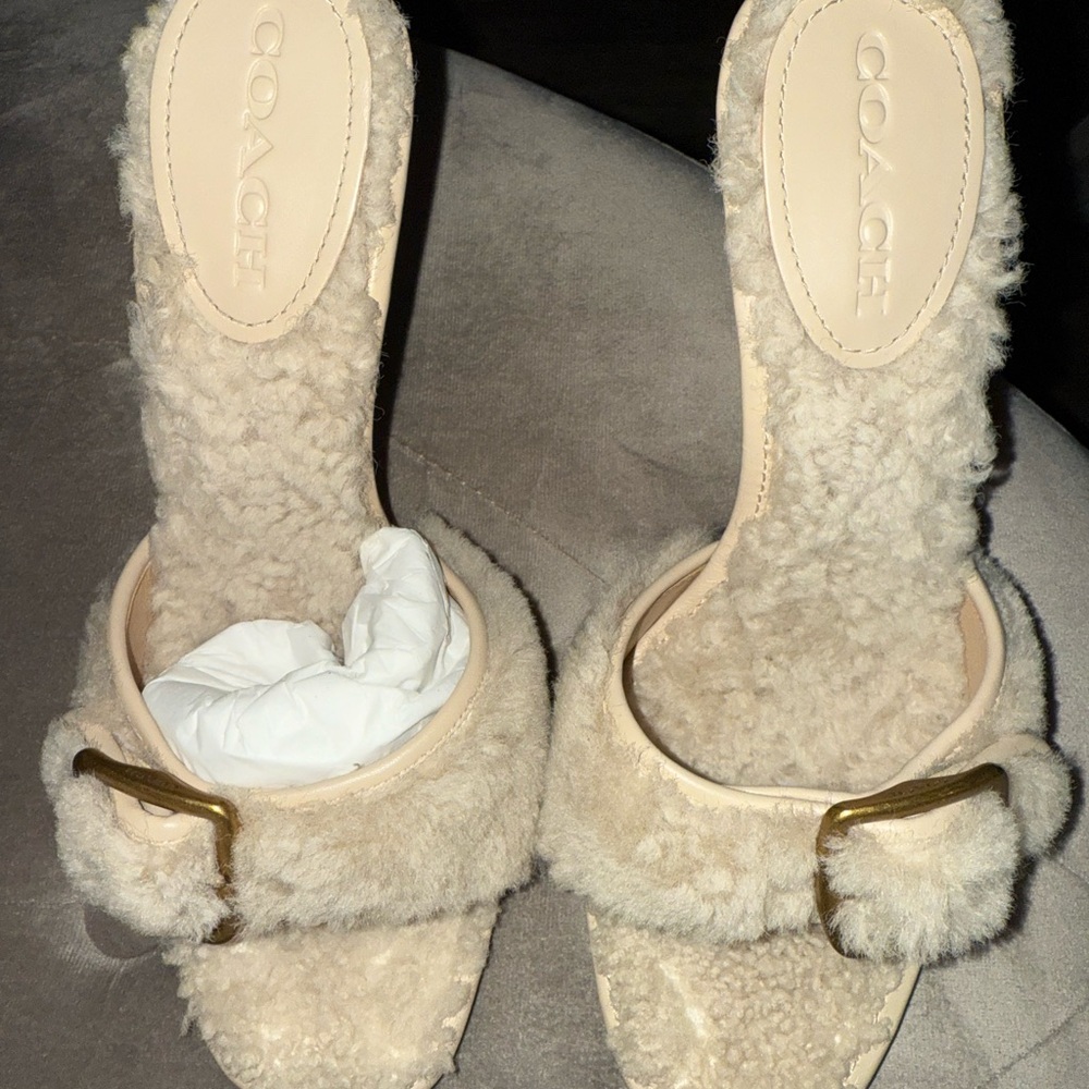 Coach Cream Furry Mules with Bow Detail